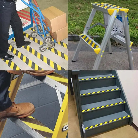 Collage of a step ladder with yellow and black hazard stripes in various settings.