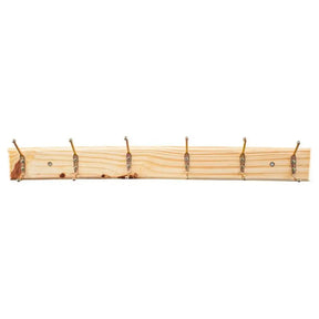 Wooden coat rack with five hooks on a white background