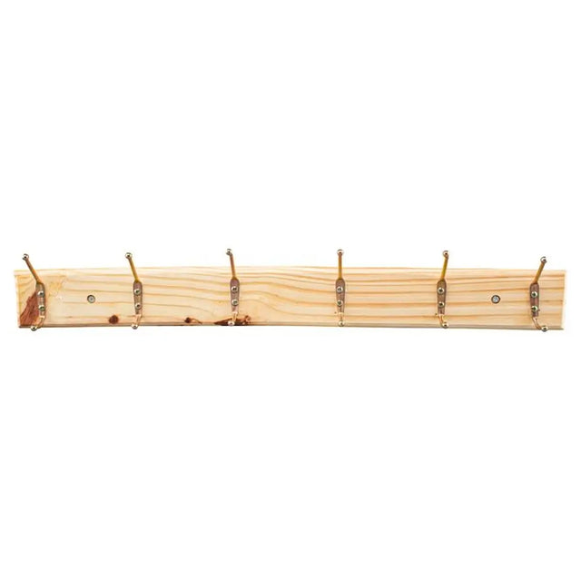Wooden coat rack with five hooks on a white background