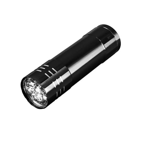Black flashlight with multiple LED lights on a white background