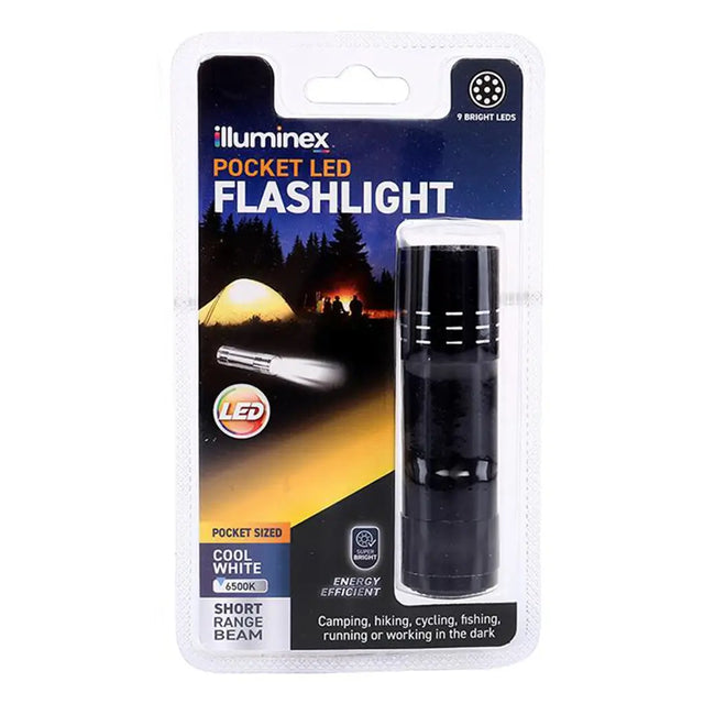 Illuminex pocket LED flashlight in packaging with scenic background