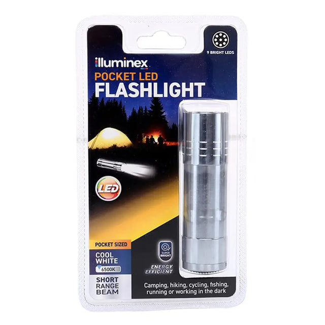 Illuminex pocket LED flashlight packaging with a night scene background