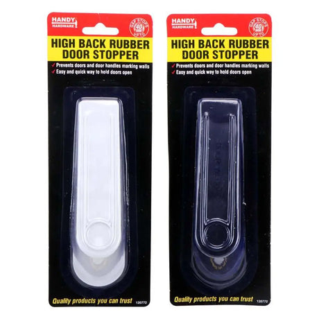 Two high back rubber door stoppers in their packaging with 'Handy' branding.