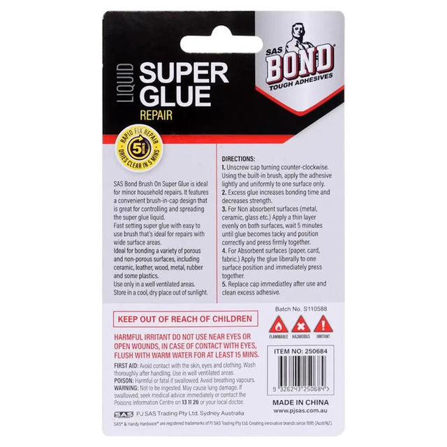 Super glue repair packaging with SAS Bond branding on a white background