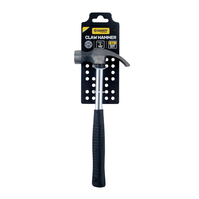 Claw hammer with black handle and silver head on a white background, branded as 'Handy'.