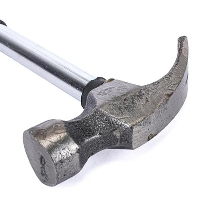 Hammer with a metallic head and wooden handle on a white background