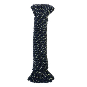 Coiled navy blue rope with gold accents on a white background