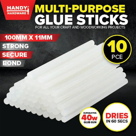 Handy Hardware multi-purpose glue sticks with product details on a black background