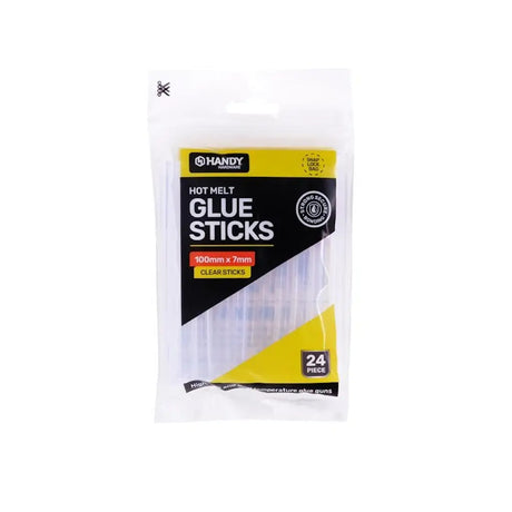 Pack of Handy hot melt glue sticks on a white background