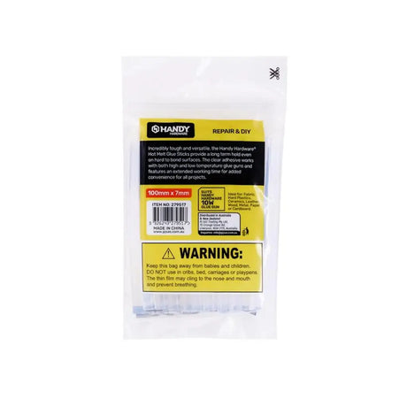 Handy brand packaging with a warning label on a white background