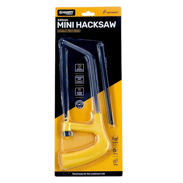 Packaged mini hacksaw with yellow and black design on a white background