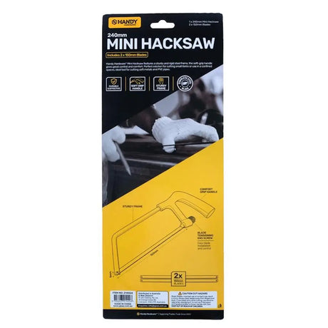 Packaging of a mini hacksaw with black and yellow design on a white background