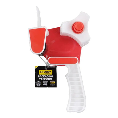 Red and white packaging tape gun with 'Handy' branding on a white background