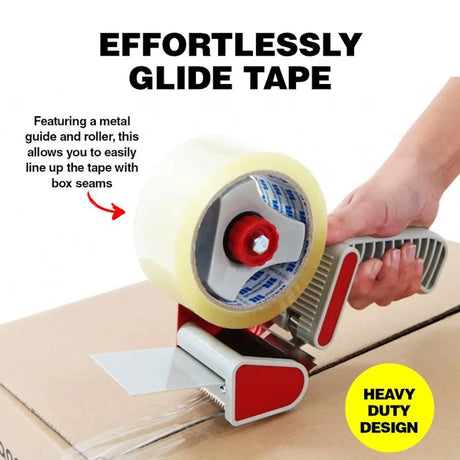 Tape dispenser with a metal guide and roller on a white background