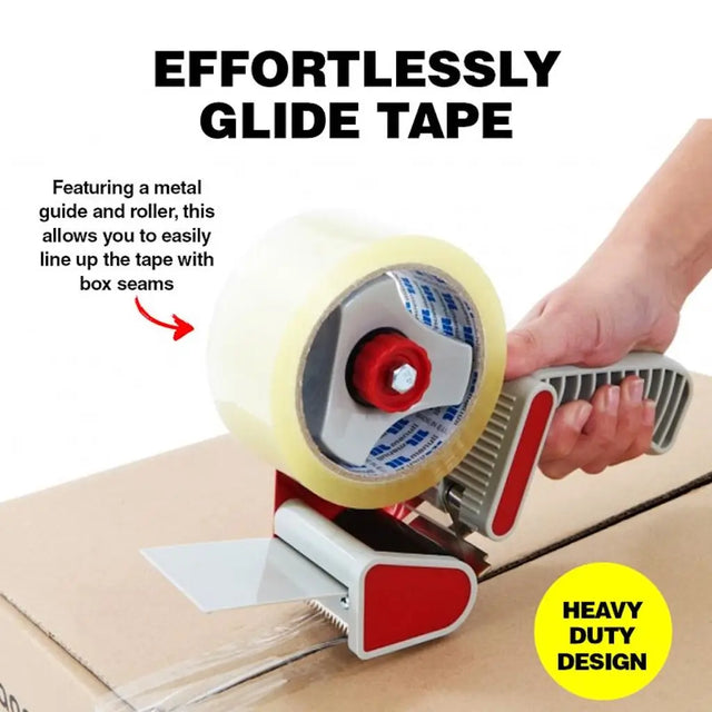 Tape dispenser with a metal guide and roller on a white background
