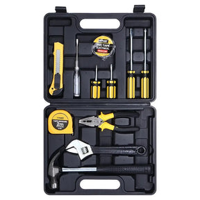 Open tool kit with various tools including screwdrivers, pliers, and a hammer on a white background.