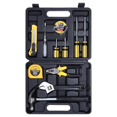 Open tool kit with various tools including screwdrivers, pliers, and a hammer on a white background.