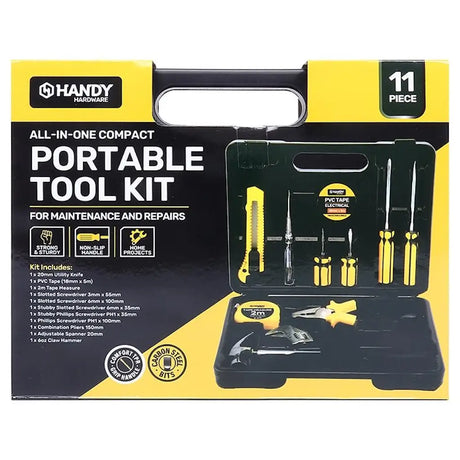 Handy 11-piece portable tool kit packaging with tools displayed.