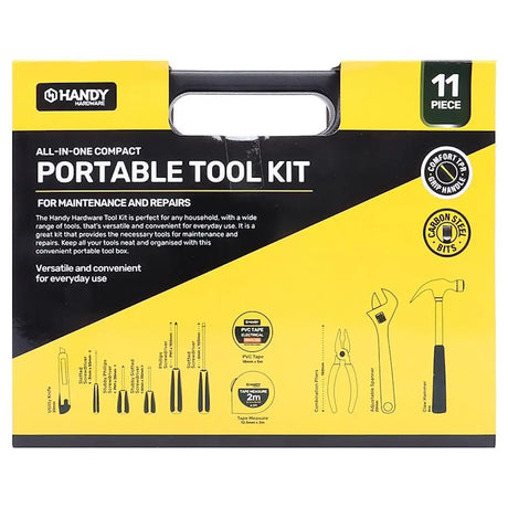Yellow and black packaging of a 11-piece portable tool kit with tools illustrated on a white background.