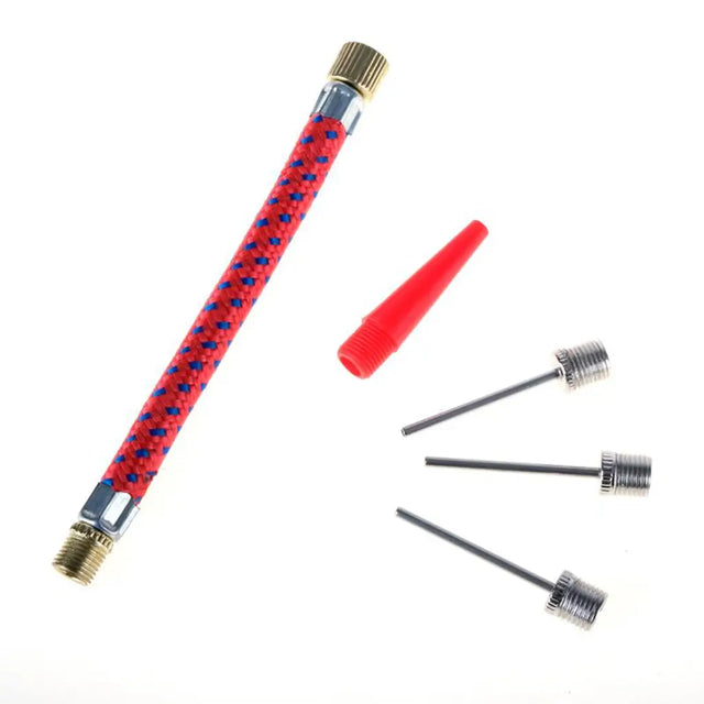 Red and blue textured pen with four metal tips on a white background