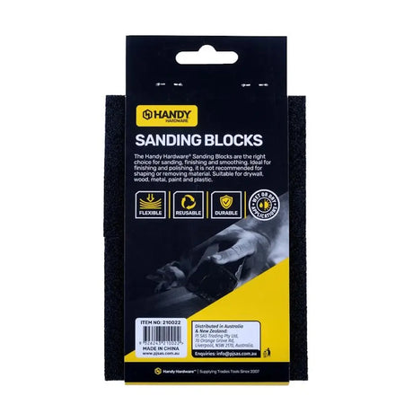Packaging of Handy Hardware sanding blocks on a white background