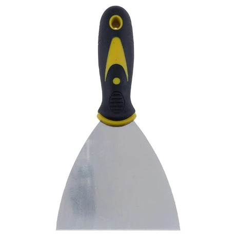 Putty knife with black and yellow handle on a white background