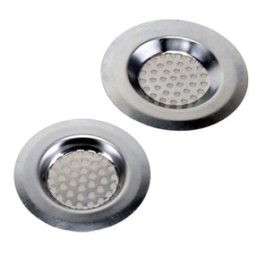 Two stainless steel sink strainers on a white background
