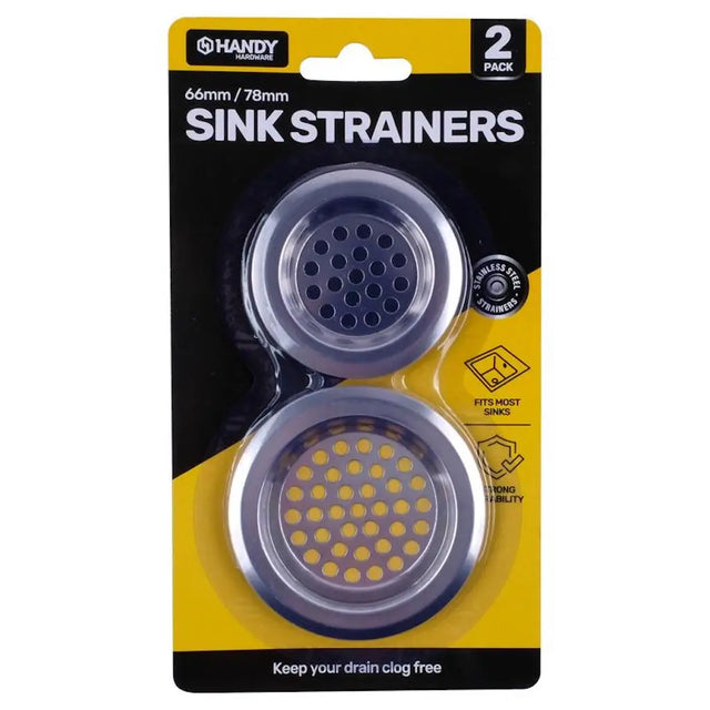 Pack of 2 sink strainers with clear plastic and metal design on a yellow and black package.