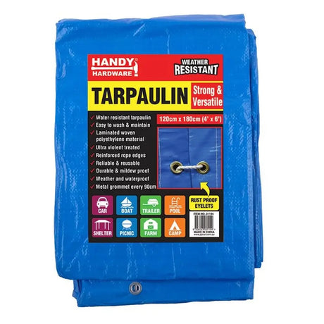 Blue tarpaulin with Handy Hardware branding on a white background