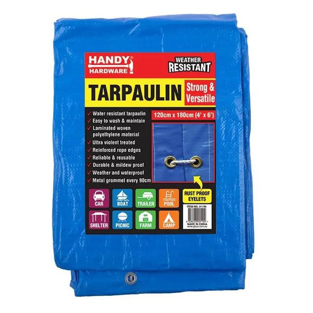 Blue tarpaulin with Handy Hardware branding on a white background
