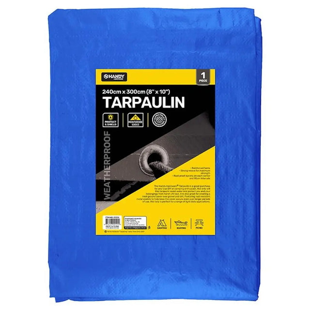 Blue tarpaulin with a label on a white background