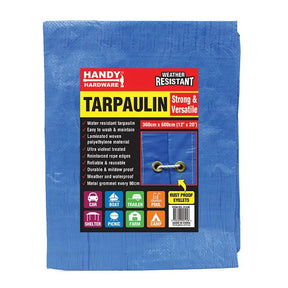 Blue tarps with a Handy Hardware label on a white background