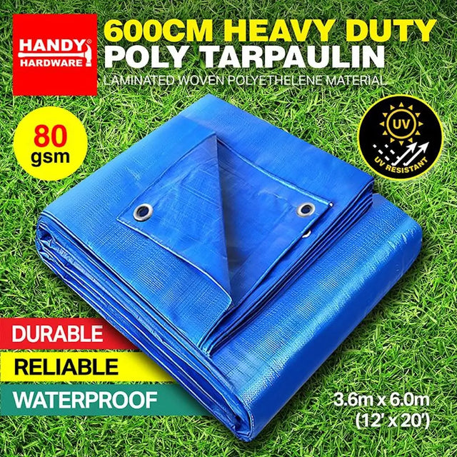 Blue poly tarpaulin with Handy Hardware branding on a grass background
