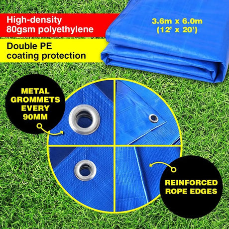 Blue polyethylene tarp with features highlighted on a grass background