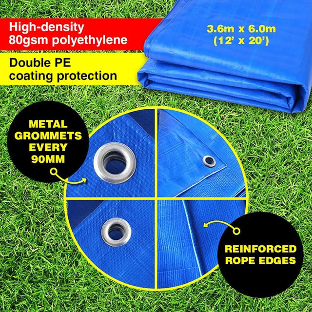 Blue polyethylene tarp with features highlighted on a grass background