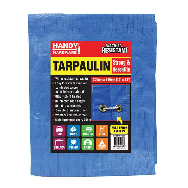 Blue tarpaulin with Handy Hardware packaging on a white background