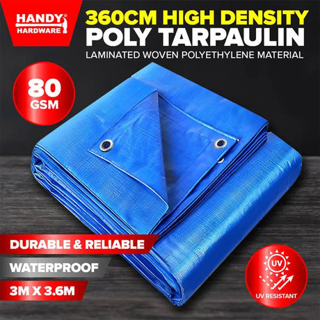 Blue poly tarpaulin with text highlighting features on a dark background