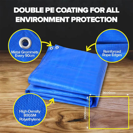 Blue tarpaulin with features highlighted on a wooden surface