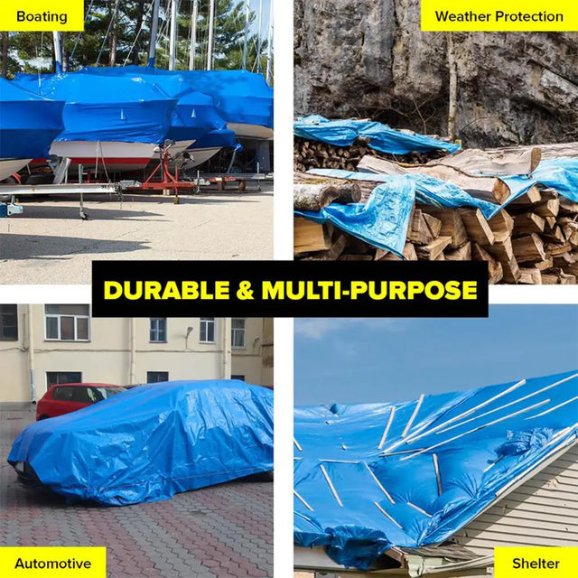 Collage of blue tarpaulin usage scenarios including boating, weather protection, automotive, and shelter.