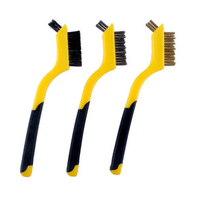 Three yellow and black cleaning brushes arranged side by side on a plain white background.