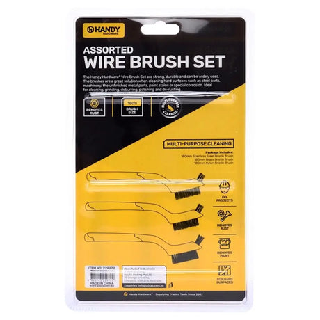 Handy Assorted Wire Brush Set in retail blister packaging, containing four different wire brush bristle sizes for multi-purpose cleaning.