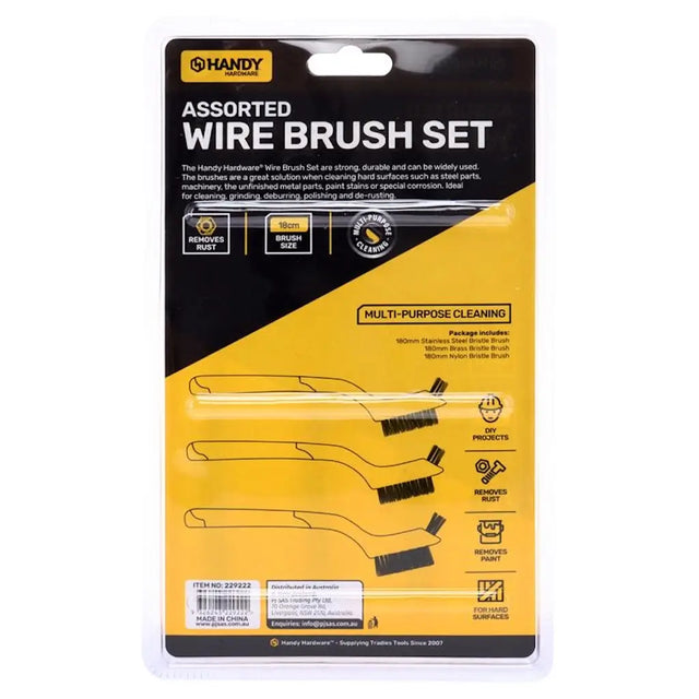 Handy Assorted Wire Brush Set in retail blister packaging, containing four different wire brush bristle sizes for multi-purpose cleaning.