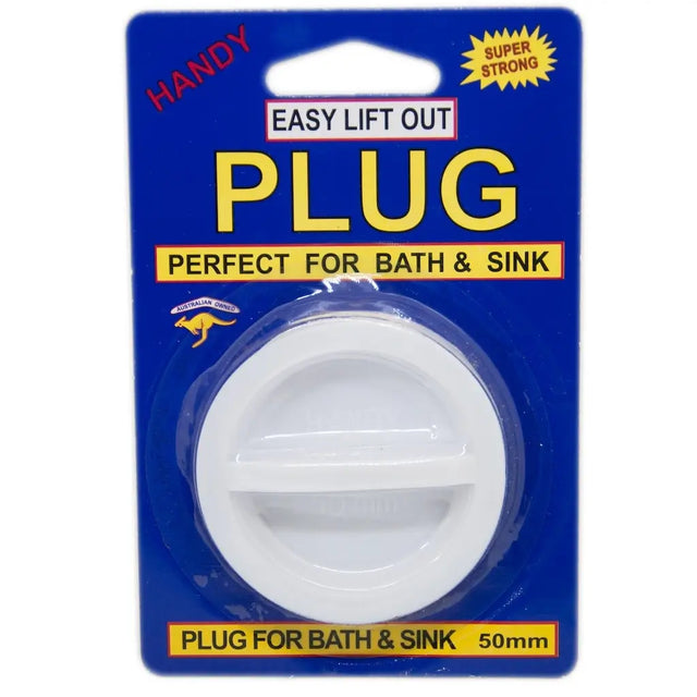 Plumbing plug in packaging with blue background and white plug