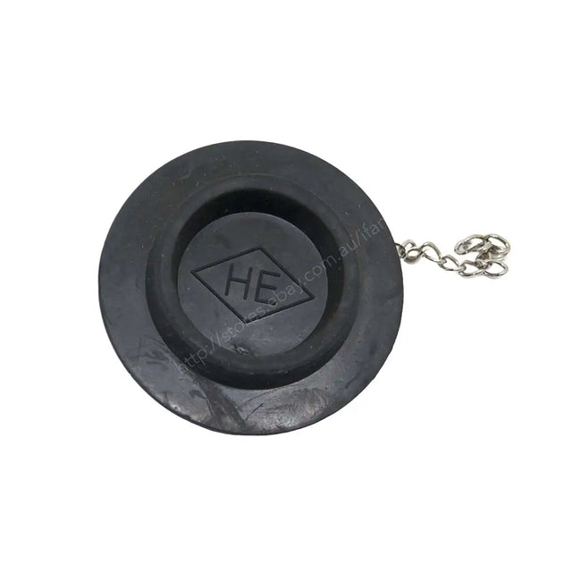 Black rubber stopper with chain and 'HE' logo on a white background