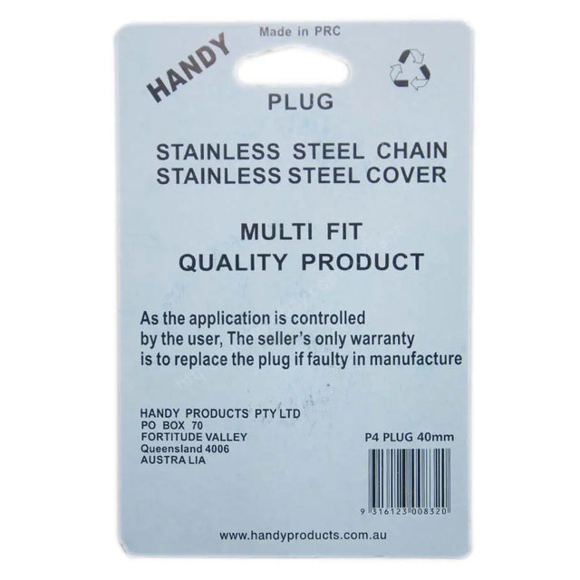Product label for HANDY plug with specifications and contact information.