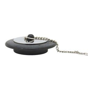 Black rubber stopper with a metal chain on a white background