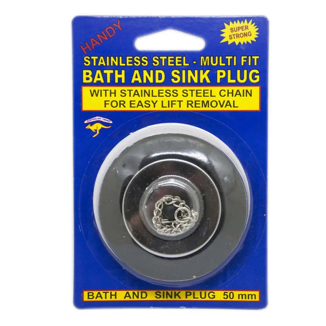 Bath and sink plug with stainless steel chain on a blue packaging