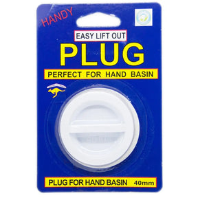 Handy plug for hand basin packaging with blue background and white plug