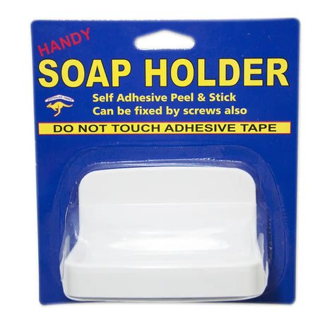 White soap holder in blue packaging with yellow text on a white background