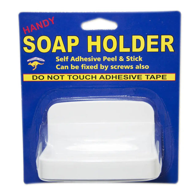 White soap holder in blue packaging with yellow text on a white background